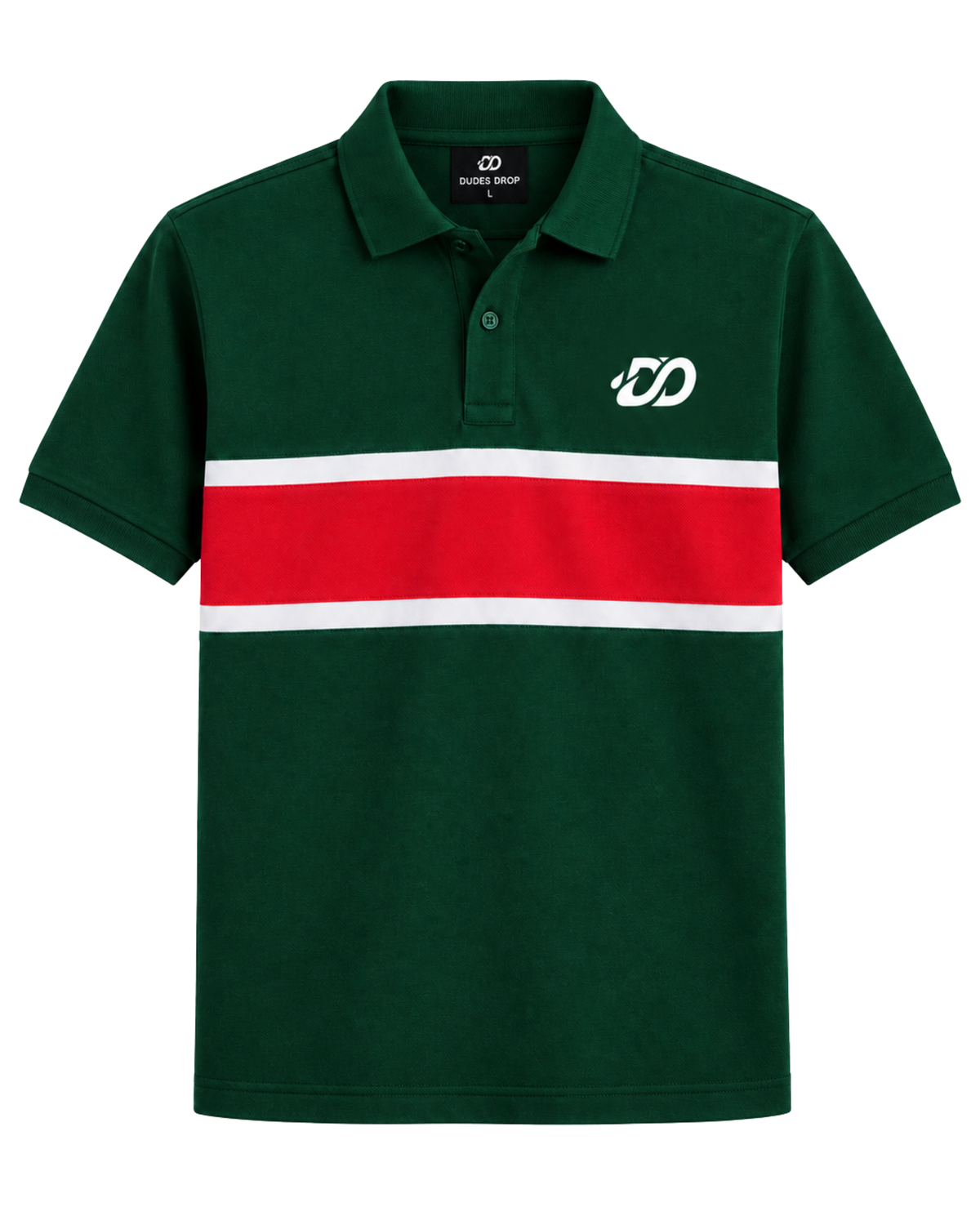 Men’s Green Piqué Polo Shirt | Red & White Color Block Stripe