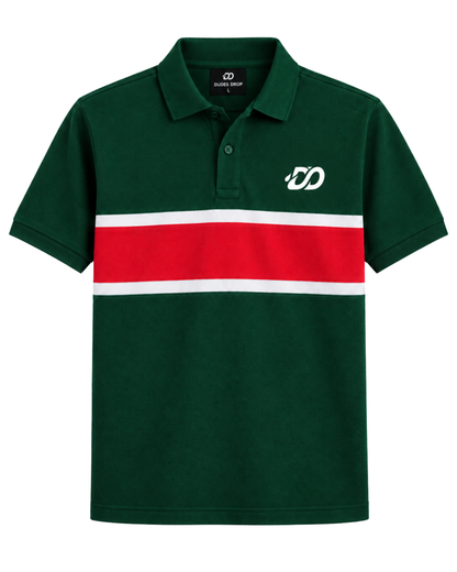 Men’s Green Piqué Polo Shirt | Red & White Color Block Stripe